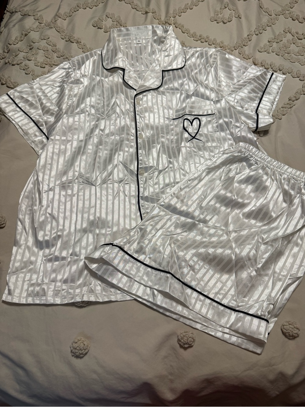 White Satin Short Pajama Set with Black Piping and Heart Accent